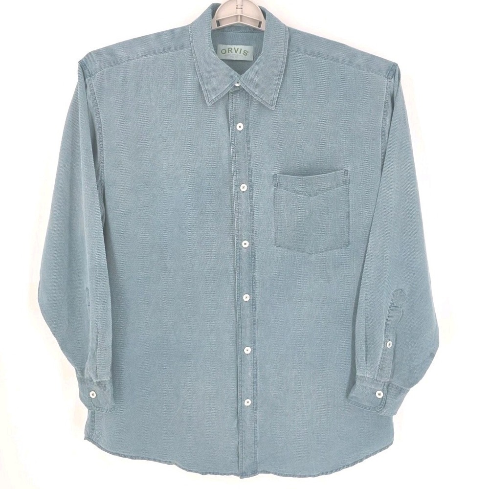 Orvis‎ Men's Large Light Blue Silk/Cotton Button Front Pocket Sheen Casual EUC